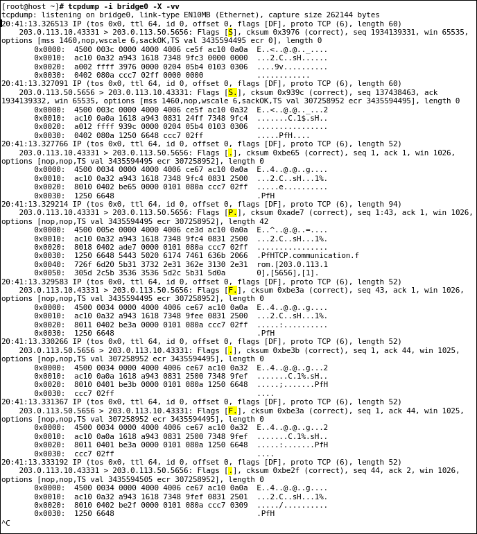 tcpdump(1) of Bridge Traffic During Transfer. Refer to paragraphs below.