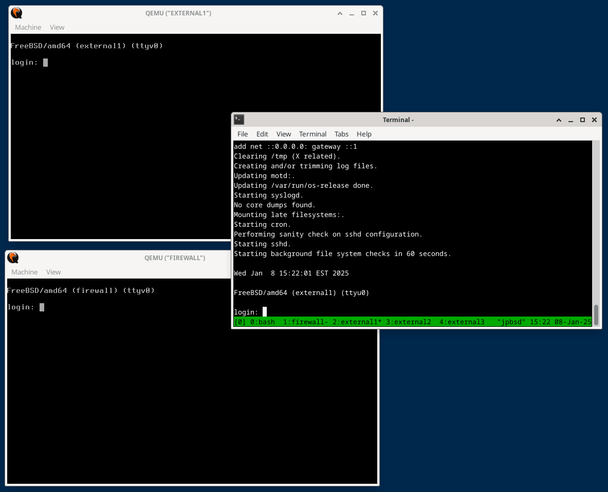 Firewall and External1 VMs Startup with Serial Console. Refer to paragraphs below.