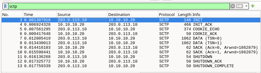 Wireshark view of Native SCTP. Refer to paragraphs below.